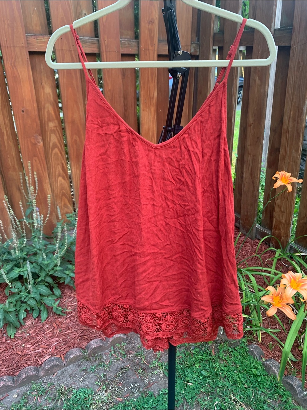 Forever 21 Rust Red Lace-Hem Spaghetti Strap Romper Top (SHORTS ROMPER)
